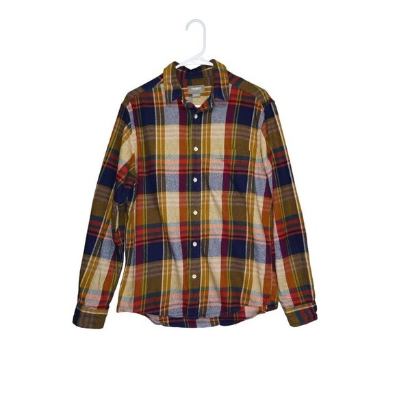 Pull & Bear Shirt Mens Medium Plaid Flannel Button Down Long Sleeve‎ Yellow Blue - Picture 1 of 6